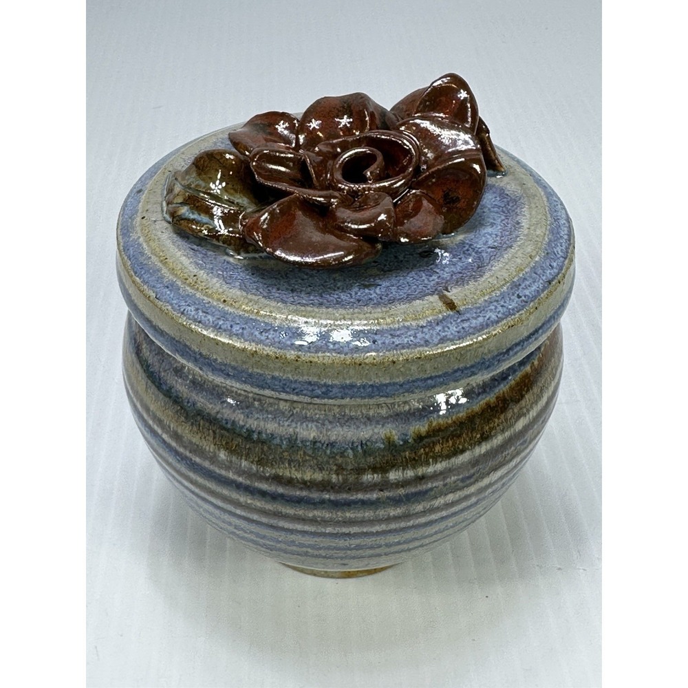 Vintage Handcrafted Pottery Lidded Jar Burgundy Applied Floral Finial‎ Signed